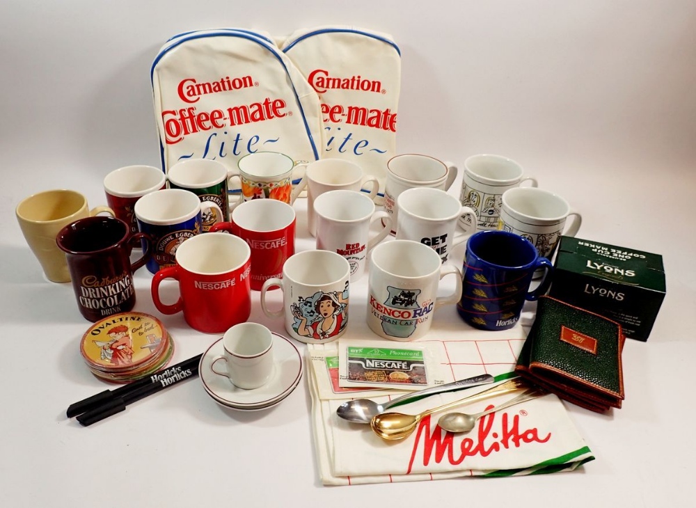 A box of advertising and promotional items relating to coffee and hot drinks including Horlicks,