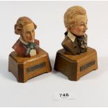 Two vintage Swiss 'Reuge' composer busts of Mozart and Mendelsohn with labels and musical