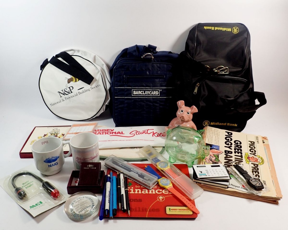 A box of advertising and promotional items relating to financial services and banks including