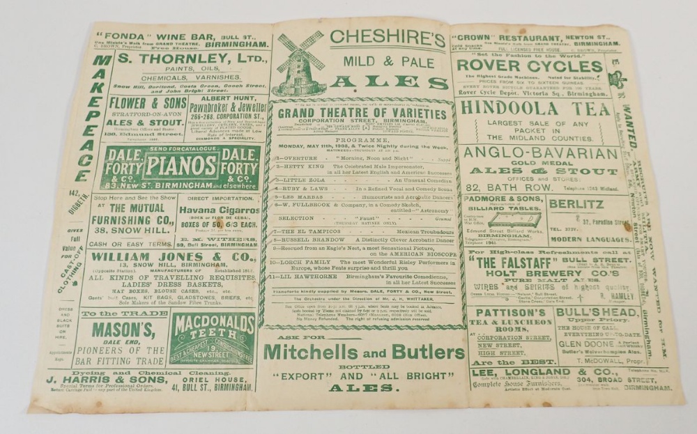 A Birmingham Grand Theatre of Varieties Program 11th May 1908, triple fold leaflet with many - Image 3 of 3