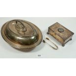 A silver plated entree dish and a cigarette box with George III cartwheel penny to lid and sugar