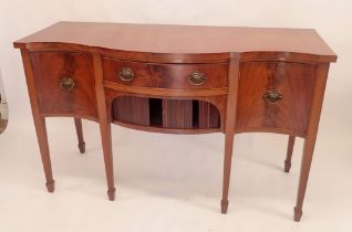 A reproduction mahogany serpentine sideboard on square supports and spade feet, 153 x 60 x 95cm