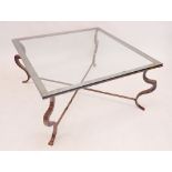 A modern glass square coffee table on metal supports 91.5x91.5x46cm