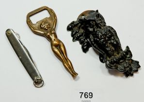 A nude bottle opener, owl door knocker and penknife