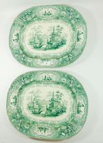 A pair of Victorian green printed meat plates 'Chang Nan Beauties' China, 45cm wide