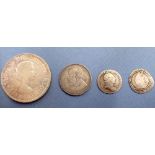 Four miscellaneous silver content coins including: South Africa shilling 1896, George III threepence