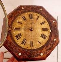 An early 19th century Black Forrest octagonal postmans alarm wall clock with mother of pearl