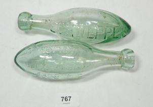 Two antique torpedo glass bottles for Schwepps & J H Cuff, Manchester Est. 1801