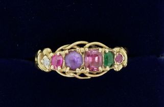 A Victorian gold acrostic ring set coloured stones which spell 'Regard' unmarked, size N