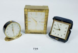 Two Looping eight day alarm clocks, fifteen jewels and a Swiza eight day travel clock (3)