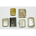 Six various vesta cases including one brass Art Nouveau example and one with white agate inlay