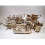 A Victorian silver plated teaset with embossed decoration and various silver plated items