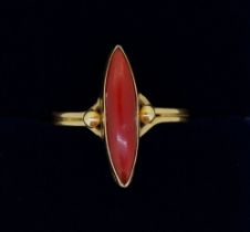 An antique 18 carat gold ring set marquise cut cornelian, size K to L