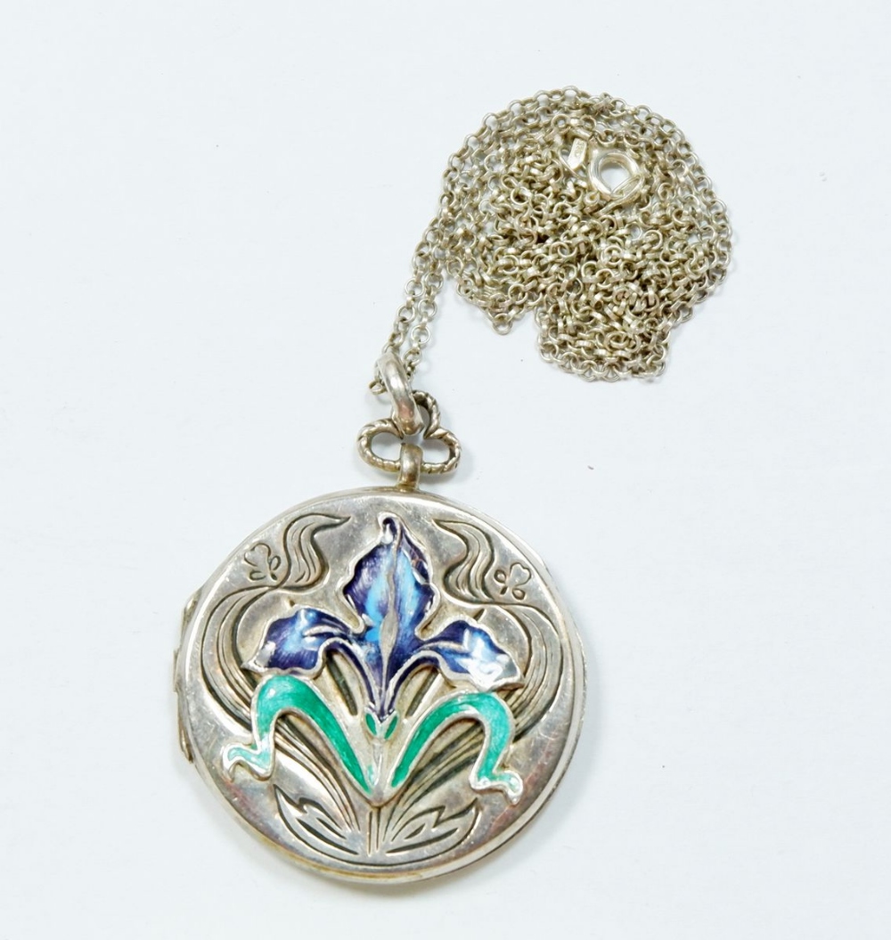 An Art Nouveau silver circular circular locket with enamel iris decoration, marked AM Ltd, on silver - Image 2 of 4