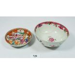 A Chinese Canton saucer painted family in a courtyard plus a floral Canton bowl a/f, 14cm diameter