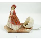 A Royal Doulton figure 'Paisley Shawl' mounted on marble base with alabaster shell lamp