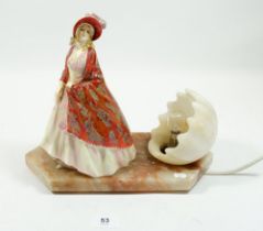 A Royal Doulton figure 'Paisley Shawl' mounted on marble base with alabaster shell lamp