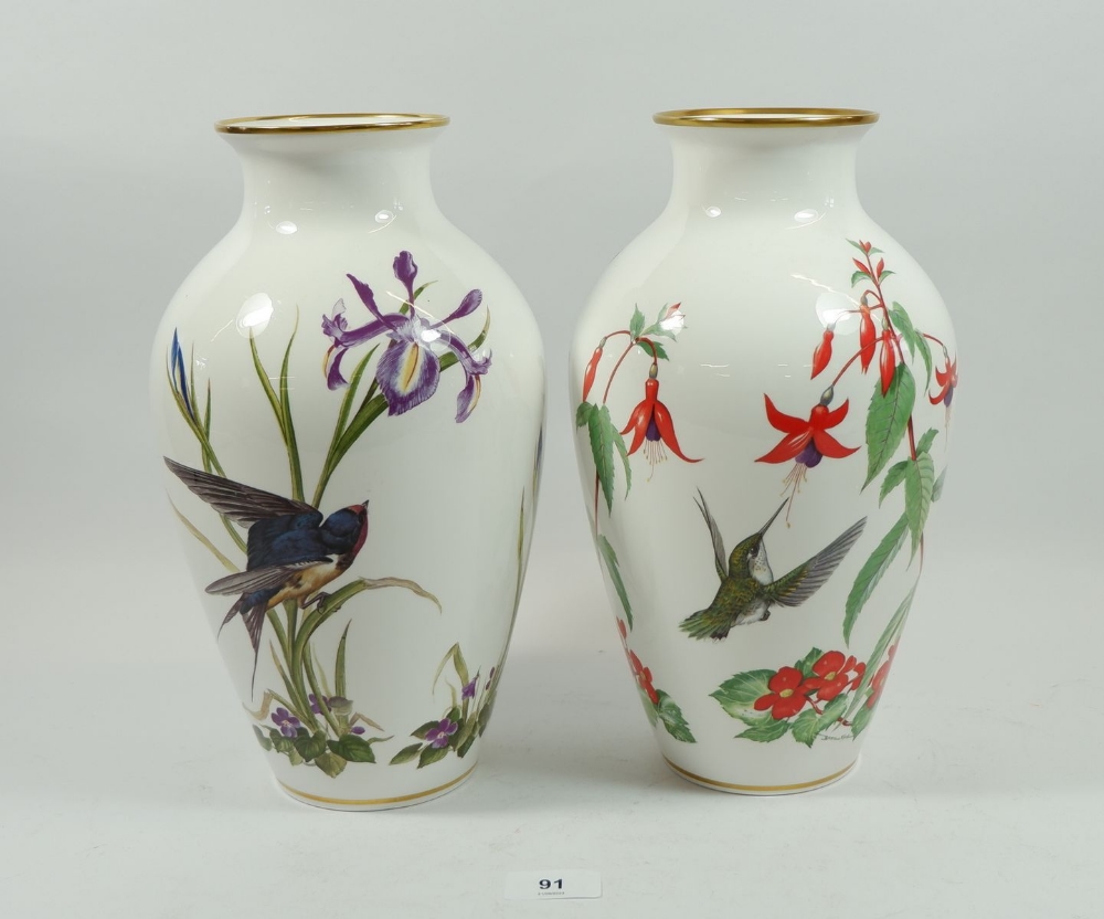 A pair of Franklin porcelain large vases painted birds and flowers, 29cm - Image 2 of 2