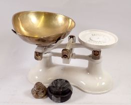 A set of Victor white kitchen scales and weights