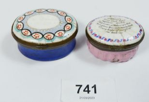 Two early 19th century enamel oval patch boxes, one with guilloche design to top, the other with