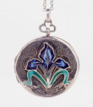 An Art Nouveau silver circular circular locket with enamel iris decoration, marked AM Ltd, on silver