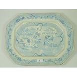 A Victorian blue and white meat plate printed Venetian scene, 51cm wide and another willow pattern