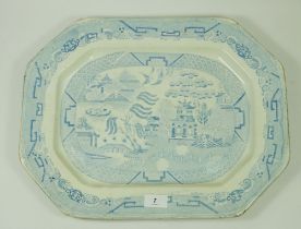 A Victorian blue and white meat plate printed Venetian scene, 51cm wide and another willow pattern