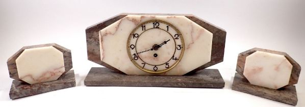 An Art Deco marble clock garniture with key, clock 19 x 37.5cm