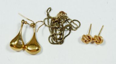A pair of 9ct gold earrings, a yellow metal pair of pendant earrings and 9 carat gold gold chain,