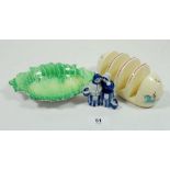 A Beswick circus toast rack, a Shelley green dish and a USSR blue and white figure group