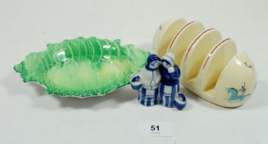 A Beswick circus toast rack, a Shelley green dish and a USSR blue and white figure group