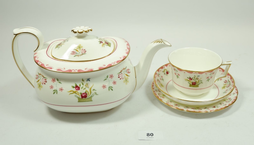 A Wedgwood Williamsburg tea service comprising: teapot, milk, sugar, six cups and saucers, six tea