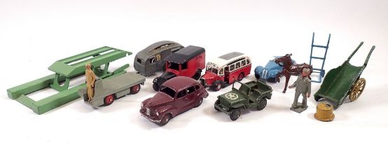 A collection of early Dinky die cast cars including an Austin Devon, Frazer-Nash, Royal Mail GR Van,