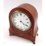An Edwardian mahogany inlaid mantel clock with Swiss movement, 17cm tall