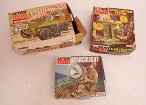 Three Action Man toys in original boxes by Palitoy, Amphicat, Team Control Centre and searchlight