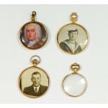 Three gold circular photograph frame fobs and a gold plated one