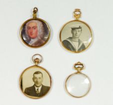 Three gold circular photograph frame fobs and a gold plated one