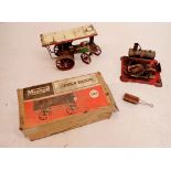 A Mamod steam tractor, a Mamod lumber wagon LW.1 boxed and a static steam engine (3)