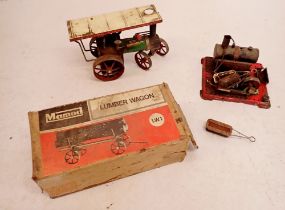 A Mamod steam tractor, a Mamod lumber wagon LW.1 boxed and a static steam engine (3)