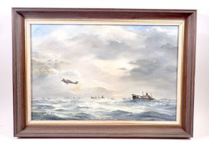 Hank Adlam - oil on canvas battleship and aeroplane marine scene, 28 x 44cm