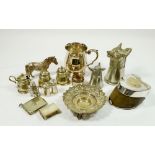 A box of small silver plated items including mounted pony hoof