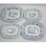 A Victorian graduated set of four blue and white meat plates depicting punting scenes in seaweed