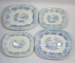 A Victorian graduated set of four blue and white meat plates depicting punting scenes in seaweed