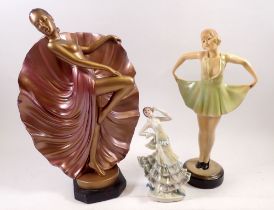 Two plaster Art Deco figures of dancers and a china one, largest 37cm tall, a/f
