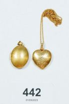 A heart form 9 carat gold locket set diamond on chain and an oval 9 carat gold locket, 4.7g