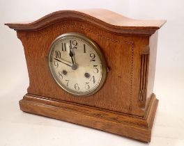 A Victorian oak arch top mantel clock with chevron inlay, 34cm wide