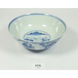 A Qing dynasty blue and white bowl decorated scholars in a garden, 18.5cm diameter