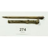 A Victorian white metal propelling pencil with seal top together with a sterling silver pencil