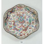 A Chinese Canton enamel lobed bowl decorated dragon to interior and flowers to exterior, 31cm