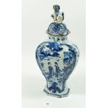 An 18th century Delft vase and cover painted chinoiserie scenes, a/f, 36cm tall